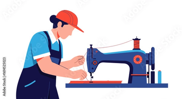 Fototapeta Tailoring concept illustration. Worker using sewing machine for garment production in workshop. Vector illustration.