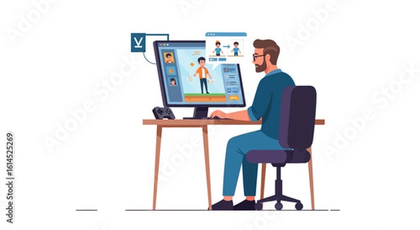 Fototapeta Virtual interview concept. Candidate evaluation via online video call on a computer by an HR professional. Vector illustration.