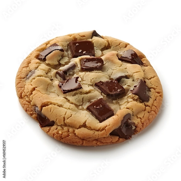 Fototapeta A single chocolate chunk cookie with golden-brown edges and gooey chocolate pieces.