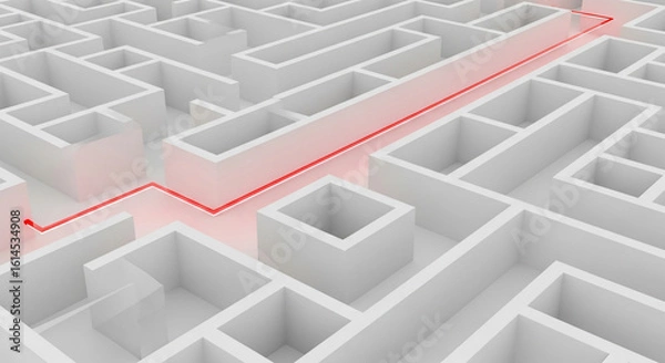 Fototapeta Red Path Through White Maze: Direct Solution and Strategy Concept