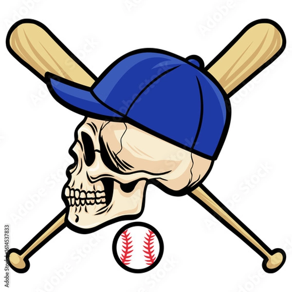 Fototapeta Skull Wearing Baseball Cap Crossed Bats Illustration Vector