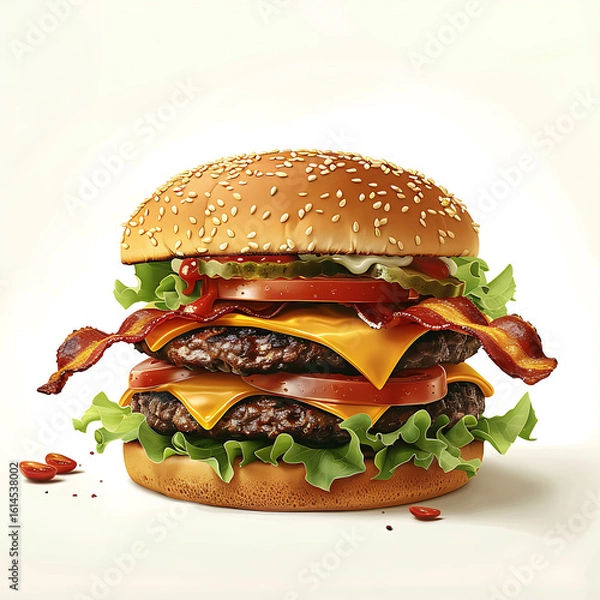 Fototapeta Juicy Double Cheeseburger with Bacon and Fresh Toppings