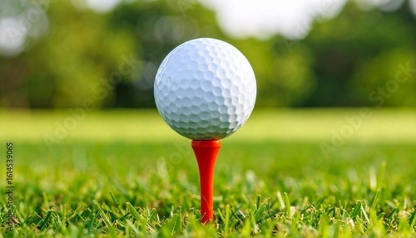 Obraz Golf ball sitting on a red tee on a green golf course with blurred background