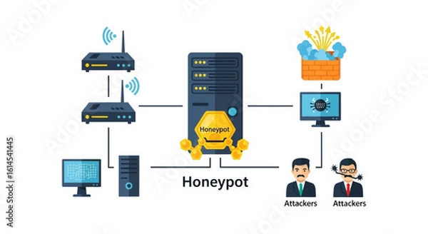 Fototapeta Honeypot cybersecurity concept. Network diagram showing servers, attackers, routers, and security systems to illustrate data protection and threat detection. Vector illustration.