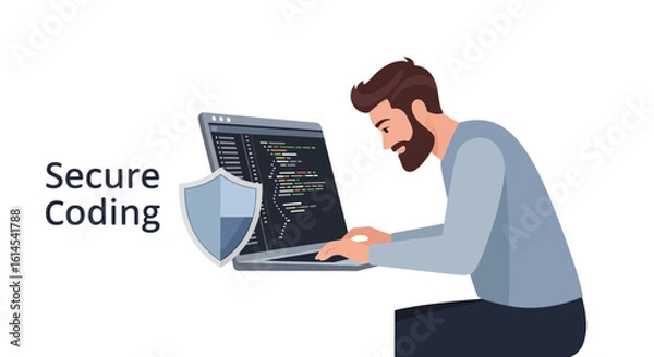 Fototapeta Secure coding concept. Programmer working on laptop with shield symbolizing cybersecurity and secure development practices. Vector illustration.