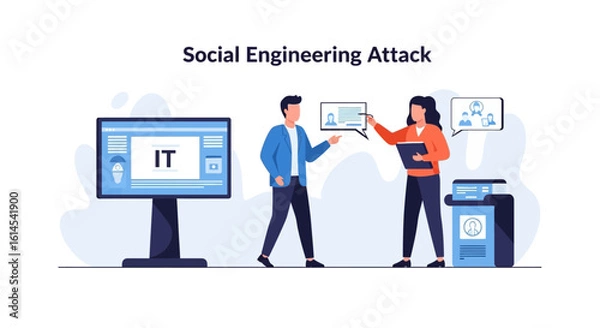 Fototapeta Social engineering attack concept. Illustration depicting IT security breach with phishing tactics in a work environment. Vector illustration.
