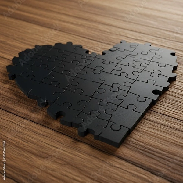Fototapeta Black jigsaw puzzle pieces forming a heart shape on a wooden surface.