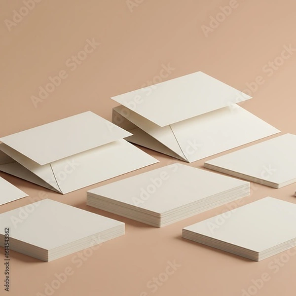 Fototapeta Several stacks of blank, off-white paper cards arranged on a neutral, peach-toned surface.