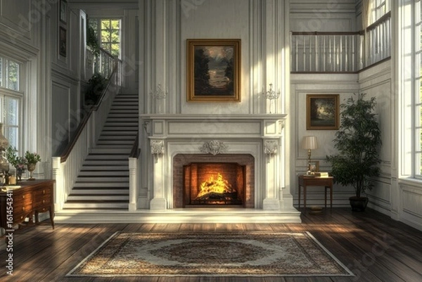 Fototapeta Interior featuring a fireplace and staircase, 3D rendered to balance the elegance of architectural details with the warmth of the room's ambiance, Generative AI