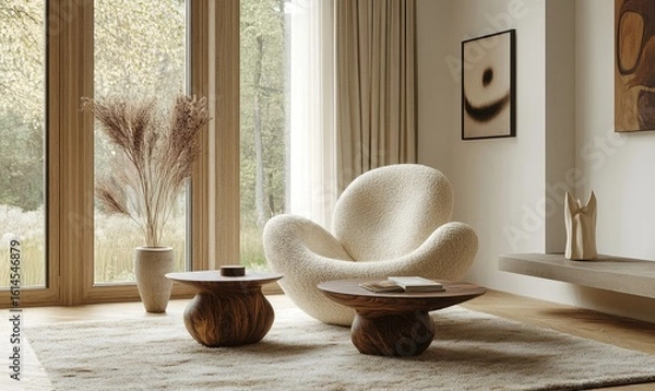 Fototapeta Interior with an armchair and coffee table, providing a stylish and cozy living area, Generative AI