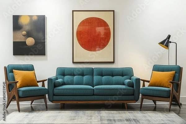 Fototapeta Teal sofa and two chairs positioned against a white wall with an art poster. Scandinavian, mid-century style home interior design for a modern living room, Generative AI