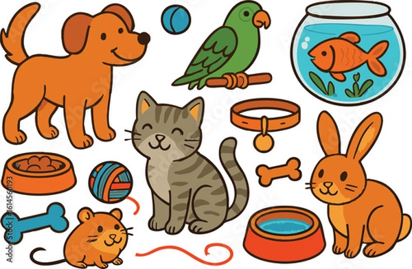 Fototapeta Vector art of a cheerful assortment of cute cartoon pets including a dog, cat, rabbit, hamster, parrot, and fish with accessories isolated on transparent background