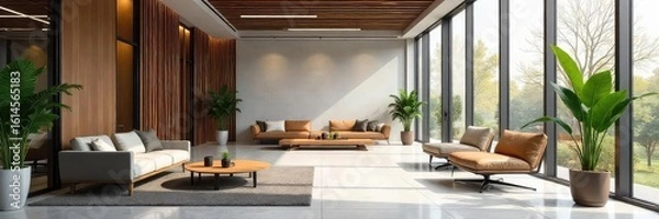 Fototapeta Sleek modern office lobby with comfortable seating, natural light, and contemporary design elements  Perfect for corporate, business, and architectural websites ,  clean office,  greenery