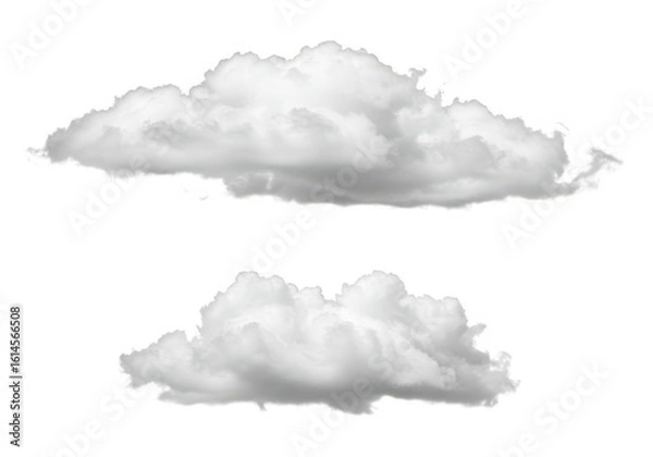 Fototapeta Two fluffy white cumulus clouds isolated on a plain transparent background, representing weather and sky elements