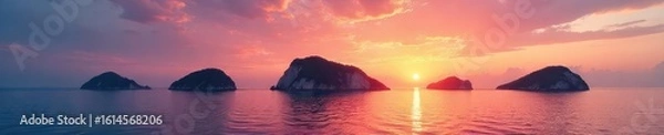 Fototapeta Five solitary islands rise from a calm ocean under a vibrant sunset, each a unique shape and size, untouched and serene , remote, untouched