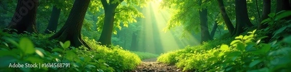 Fototapeta Lush green forest teeming with life, sunlight dappling through leaves, creating a vibrant and tranquil scene Perfect for nature, ecology, and environmental themes , forest, organic