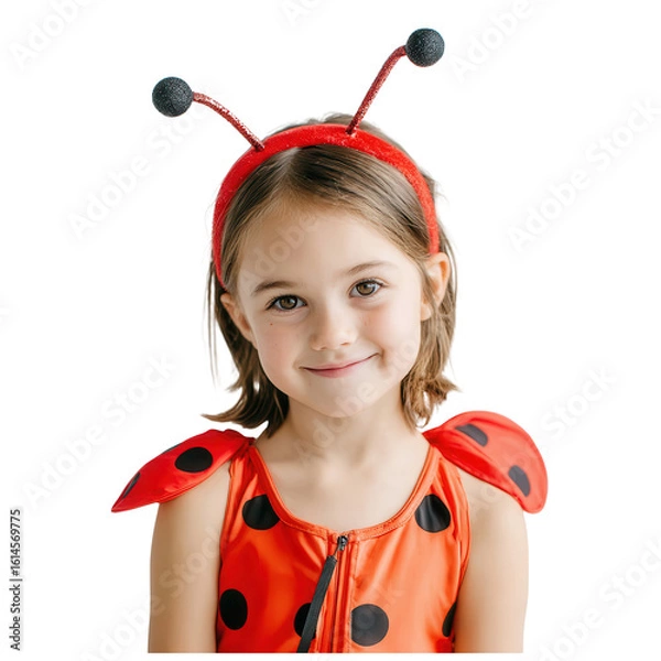 Obraz Girl in ladybug Halloween costume with polka dot wings and antennae headband, cheerful expression, transparent background
