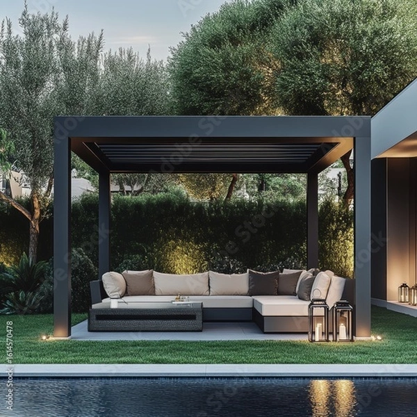 Fototapeta A luxurious outdoor patio area with a simple and modern Tokyo backdrop