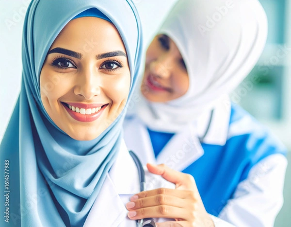 Fototapeta Two medical professionals in hijab, stethoscope, and clinical attire engage in healthcare examination. A professional, culturally inclusive scene reflecting care, skill, and medical service