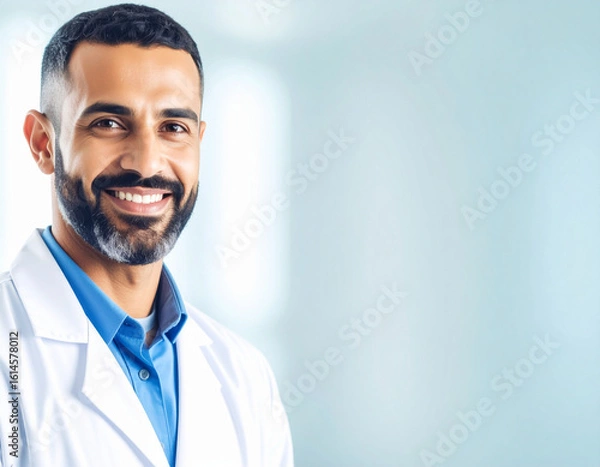 Fototapeta Healthcare professional in white lab coat and blue collared shirt poses against soft blue background. A crisp scene symbolizing trust, medical expertise, and professional identity
