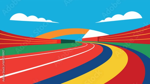 Fototapeta Vibrant running track stadium with colorful lanes and stadium seating