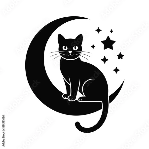 Fototapeta Black cat sitting on crescent moon with stars silhouette isolated on white background