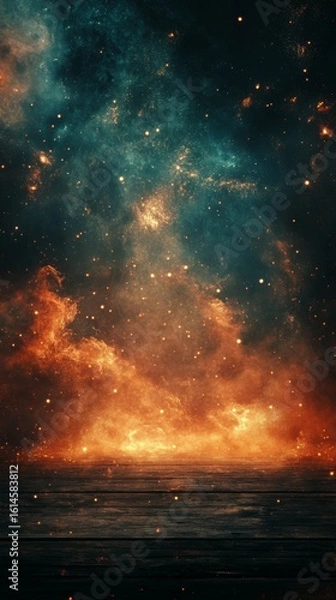 Fototapeta Abstract Sky with Glowing Elements and Wood Surface