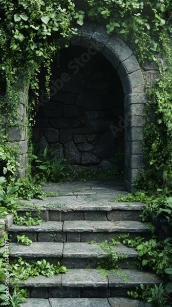 Fototapeta Stone Archway Entrance with Climbing Vines and Steps Leading to Opening