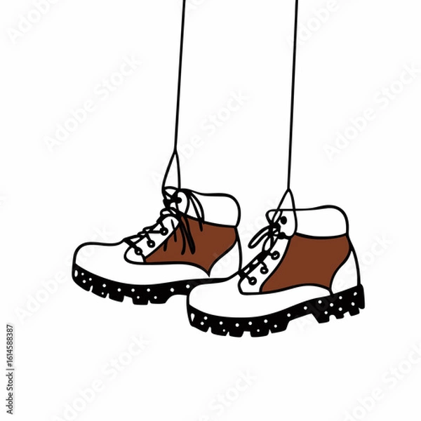 Fototapeta Vector art of a pair of stylish hiking boots hanging by their laces against a clean white backdrop