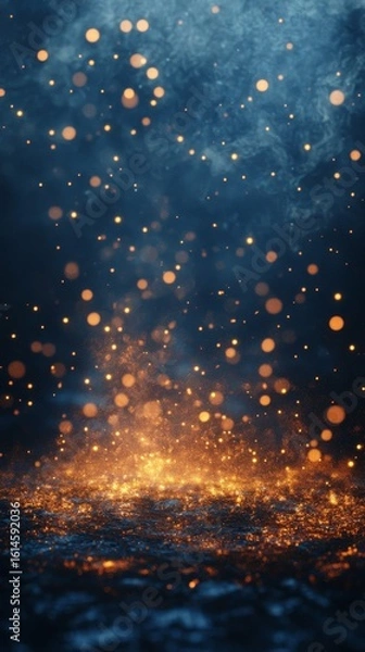 Fototapeta Glowing Particles Rising in Dark Mist Abstract Background