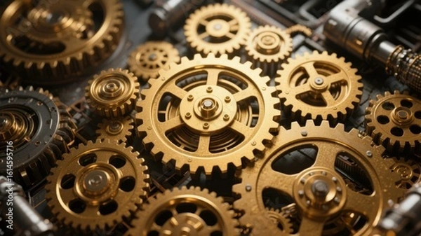 Fototapeta Golden Gears and Cogs in a Complex Mechanical Assembly
