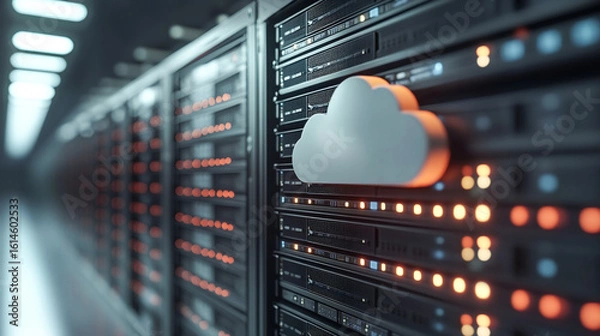 Obraz Server room, icon and cloud computing for software, digital or cybersecurity in information technology. Overlay for online storage, backup and app integration in data center or memory computer system