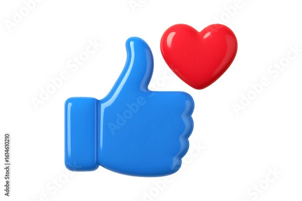 Fototapeta Glossy 3D Blue Thumbs Up with Red Heart Icon Isolated on a Transparent Background