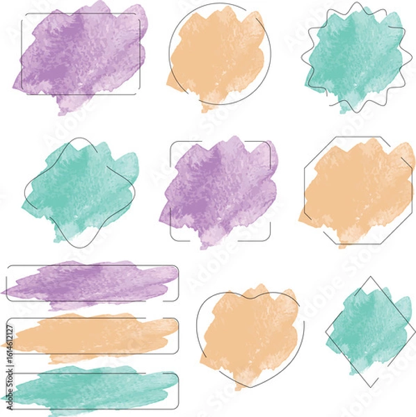 Fototapeta 三色の途切れたアウトラインとラフな水彩のフレームセット・ポップ