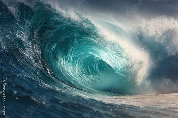 Fototapeta Lush turquoise waves crashing majestically on the north shore of Oahu, Hawaii during the golden hour, showcasing nature's raw beauty and power