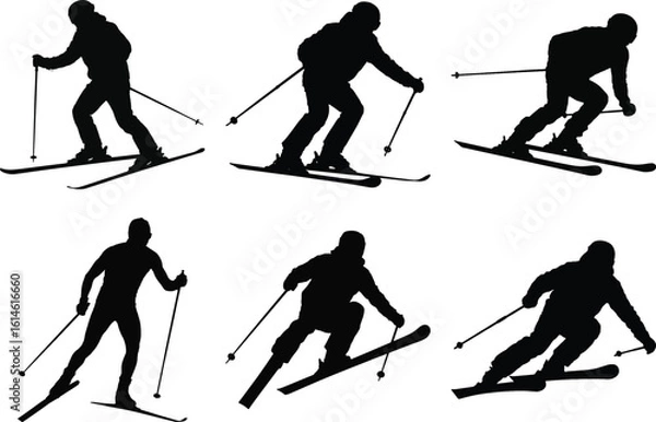 Fototapeta Skiing silhouette vector collection of skier in action, performing jumps, turns, and cross-country movements