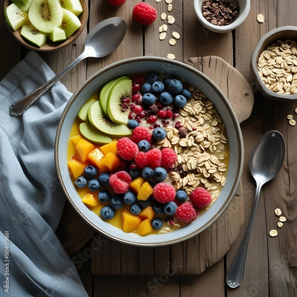 Fototapeta Clean food Healthy breakfast bowl on wooden table, top view, natural light