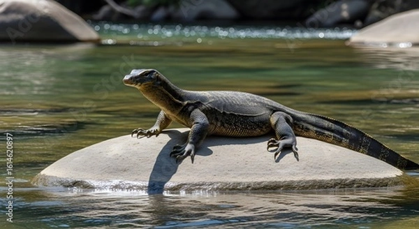 Obraz A monitor lizard resting on a rock in a river with clear water and rocks in the background on a sunny day