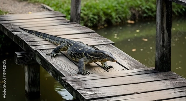 Obraz A monitor lizard walking across a wooden bridge over water in a natural outdoor setting scene view