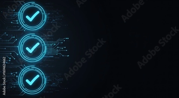 Fototapeta Glowing Check Mark Icons on Digital Circuit Board Background