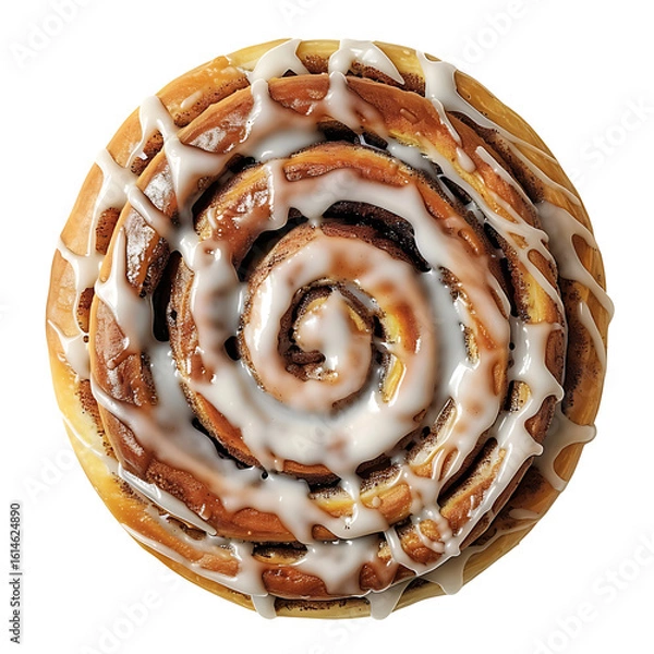 Fototapeta A top-down view of a freshly baked cinnamon roll with a generous drizzle of white icing.