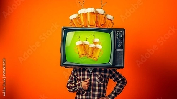 Fototapeta A surreal man standing confidently with a vintage television as a head displaying overflowing beer mugs, isolated on a vibrant orange background, realistic lighting and soft shadows