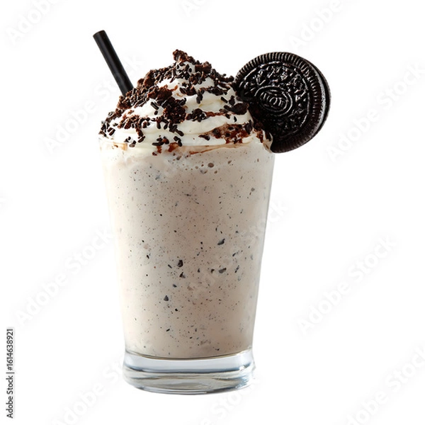 Fototapeta Delicious milkshake with whipped cream chocolate cookie crumbs and a cookie on top in a glass with a straw