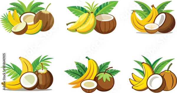 Fototapeta Cartoon illustration of bananas and coconuts with tropical leaves in different arrangements