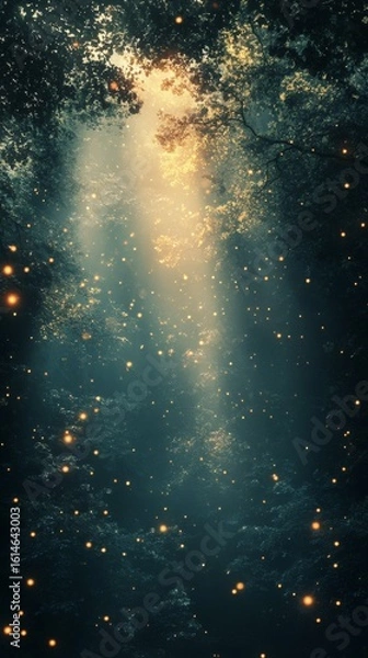 Obraz Light Streaming Through Forest Canopy with Floating Particles