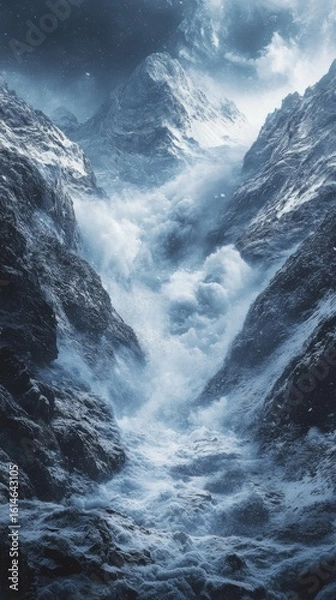 Obraz Snowy Mountain Avalanche Cascading Down a Steep Valley