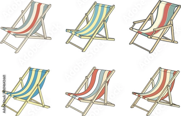 Fototapeta Set of Six Striped Deck Chairs in Various Color Combinations on White