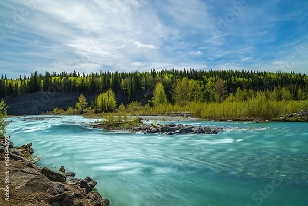 Fototapeta Long Exposure Of A Rushing River Through A Lush Forest