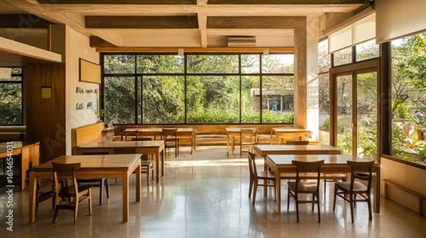 Fototapeta Sunlit interior of a spacious room, tables, chairs. Large windows offer a view of lush greenery. A serene, inviting space