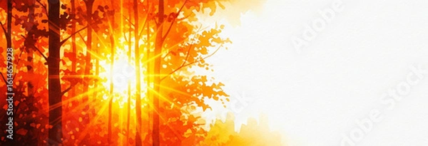 Fototapeta Blazing Orange and Yellow Sunset Forest, Abstract Autumn Watercolor Banner with Warm Glow and Copy Space